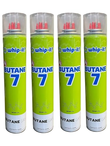 Whip-It! Purified Butane 7X Torch Refill Gas with 5 Universal Plastic Tips 320ml Each 4 Cans