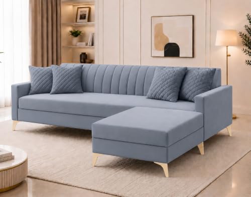Image of AMATA Falcon ele 4 Seater Fabric Suede Velvet Light Grey Colour Sofa Set with Two Cushions Perfect for Home Office Guests Living Room (Falcon Light Grey 01, Falcon 4 Seater l Shape)(3 Year Warranty)