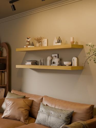 Image of 60in Floating Shelves, 2-Pack 12in Deep Wall Shelf | Solid Paulownia Wood, natural-clear finish, hidden brackets, space-saving storage for kitchen living room bedroom bathroom