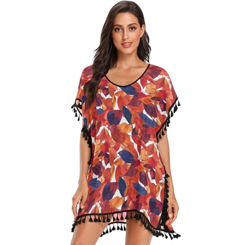 Maillot de bain cache-maillot vaporeux à motif feuilles d'automne transparentes et coupe ample