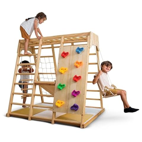 Avenlur Magnolia Indoor Playground 6-in-1 Jungle Gym Montessori Waldorf Style Wooden Climber Playset Slide, Rock Climbing Wall, Rope Wall Climber, Monkey Bars, Swing for Toddlers, Children Kids 2-6yrs Cover