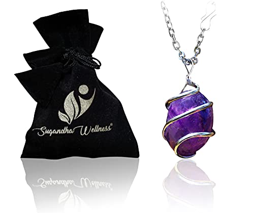 Sugandha Wellness Amethyst Crystal Necklace - Natural Healing Crystal Pendant for Powerful Protection from Negative Energy. Stress Relief. Raw Stone Jewelry for Yoga, Meditation & Reiki