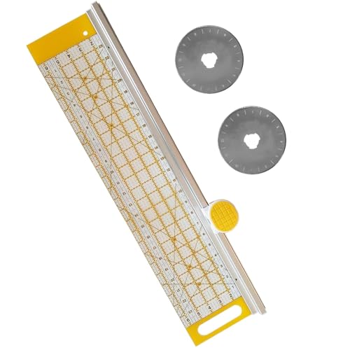 YICBOR 45mm Rotary Cutter and 24 L x 6 W Ruler Combo with Gridlines - Ideal Fabric Cutter for Quilting and Sewing Crafts - Comes with Two Replacement Blades