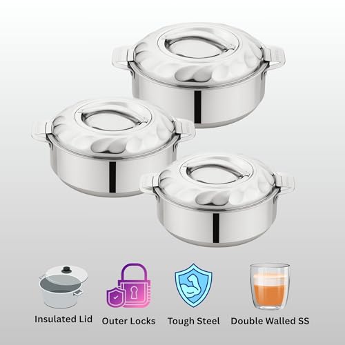 TSUMAB Stainless Steel Casserole Set of 3 | Double Wall Insulated Hotpot | 1L + 1.5L + 2.5L | Keeps Food Hot & Fresh for Hours | Mirror Finish Hot Case with Locking Lid