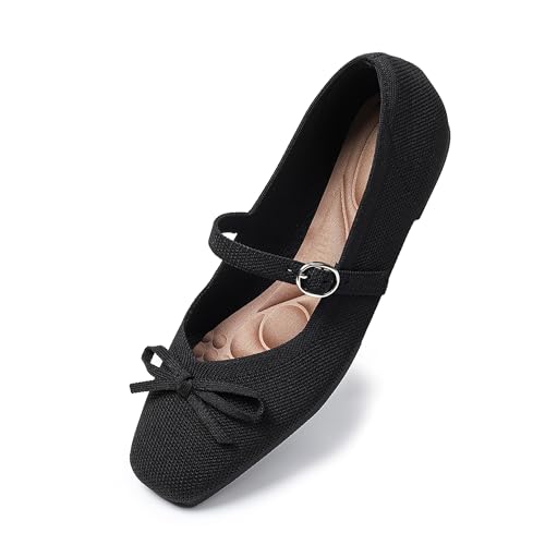 Knit Flats for Women Square Toe Flats Casual Ballet Flats with Ankle Strap,Washable Comfortable Dressy Mary Jane Flat4