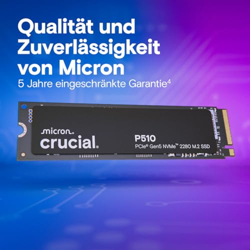 Crucial P510 SSD 2TB M.2 NVMe PCIe 5.0 x4 Gen5, bis zu 10.000 MB/s Lesen, 8.700 MB/s Schreiben, für Laptop und Desktop PC, TLC NAND, Interne Festplatte - CT2000P510SSD8-01