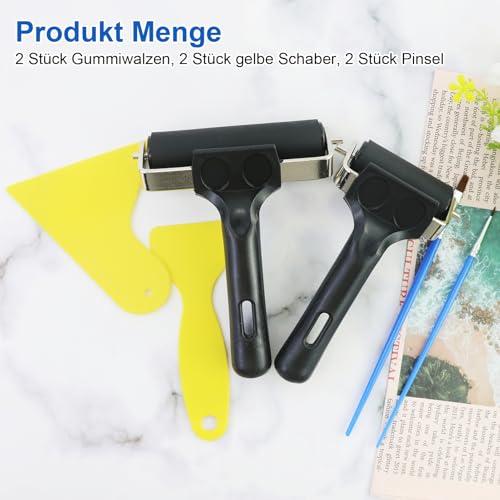 JRSHIRLEYLTD 2 Stück Gummiwalze, Linoldruckwalze, Malerwalze mit 2 Stück Schabern und 2 Stück Pinseln, für DIY, Blockdruck, Malerei, Hartgummiwalze, Gummiwalzen