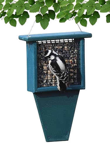 Songbird Essentials Tail Prop Suet Feeder - Recycled Plastic Bird Feeder with Coated Wire Cages for Bird Seed Cakes - Hunter Green