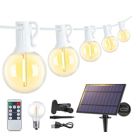 Larkvue Guirnalda de luces solares de 25 pies para exteriores con control remoto, impermeable, regulable, 3 modos, luces de patio con 10 + 1 bombillas LED inastillables G40 para jardín, color blanco