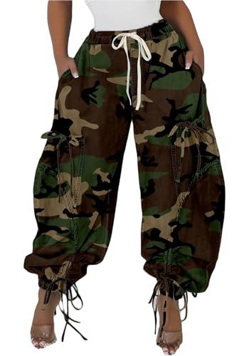 Women's Camo Cargo Pants High Waist Slim Fit Camouflage Jogger Plus Size Pants Sweatpants with Pockets