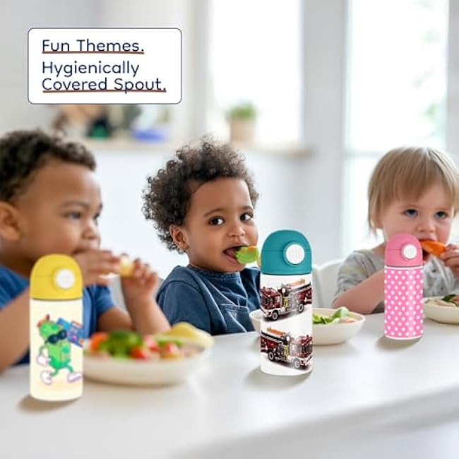 Sentimental Fire Truck Enthusiast 12oz Kids Water Bottle - Green Cover ¨C Red fire truck design wraps around with vibrant colors. ¨C School Lunch, Outdoor Adventure