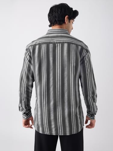 Image of The Souled Store Cotton Linen Stripes: Apricot Men and Boys Long Sleeves Collared Neck Orange Stripes Regular Fit Lightweight Comfortable Summer Cotton Linen Shirts