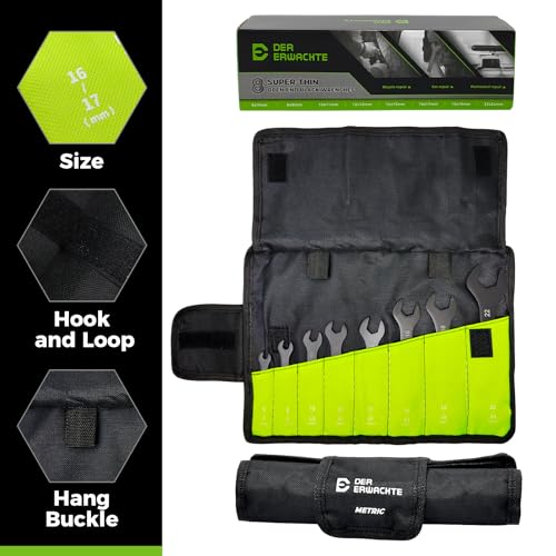 Image of Der Erwachte Super-Thin Open End Wrench Set, Metric, 8-Piece,6mm to 24mm, Black Electrophoretic Coating, with Rolling Pouch