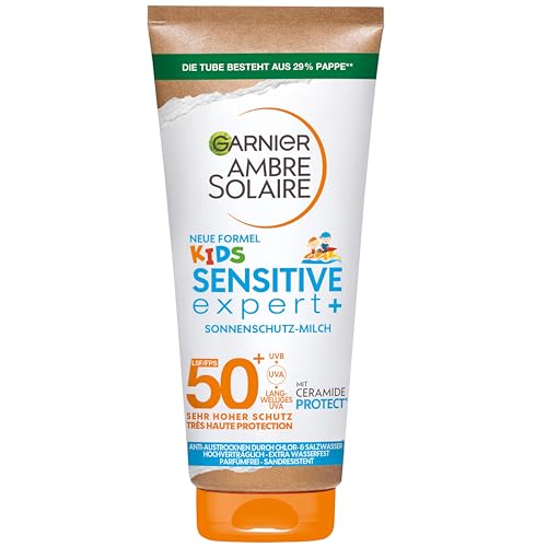Garnier Sonnenschutzmilch mit LSF 50+ für Kinder, Sonnencreme mit sehr hohem Sonnenschutz, Anti-Austrocknung der Haut, Ambre Solaire Kids Sensitive expert+, 1 x 175 ml