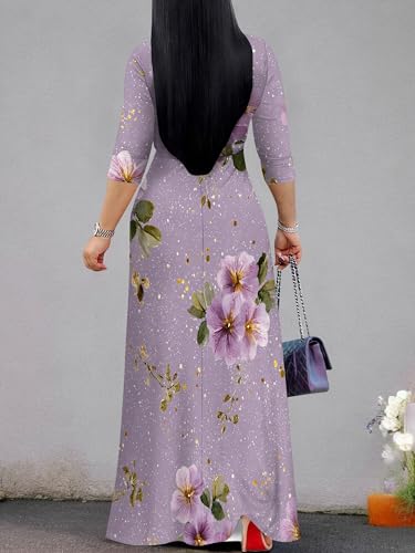 Image of SUZONANA Plus Size Dresses for Women Floral Print Maxi Dress Flowy 3 /4 Sleeve with Belt