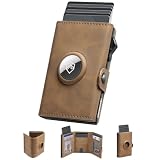 Geldbörse Herren mit AirTag Fach & RFID Schutz, Slim Pop-Up Portemonnaie für 12 Karten & 2 Ausweise, Kreditkartenetui Portmonee Herren mit Münzfach, Geschenk für Männer Vatertag, Vintage Braun