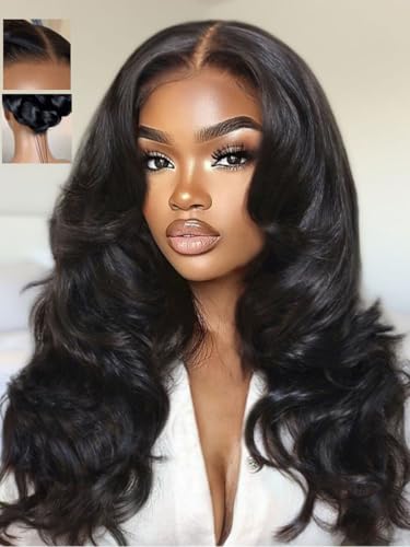 Image of Beauty Forever Bye Bye Knots 7x5 HD Lace Body Curl Wig Human Hair with Feathered Layers & Invisi Drawstring,180% Density Natural Black Blowout Wig Soft C-Shape Ends Glueless Pre-Cut Lace Wig 22inch