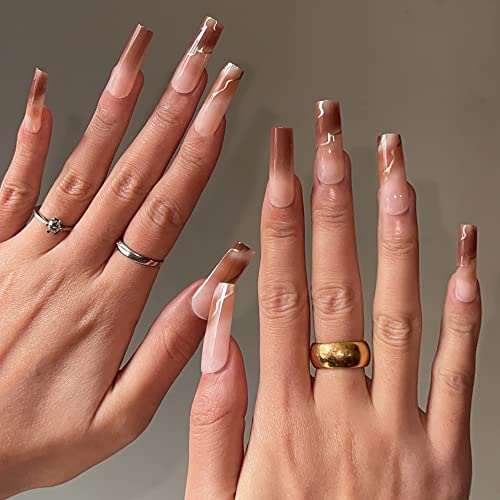 Babalal Square Press On Nails Long False Nails Brown Acrylic Nails Ombre Fake Nails Glossy Nails Squoval Nails For Women And Girls #TOP3