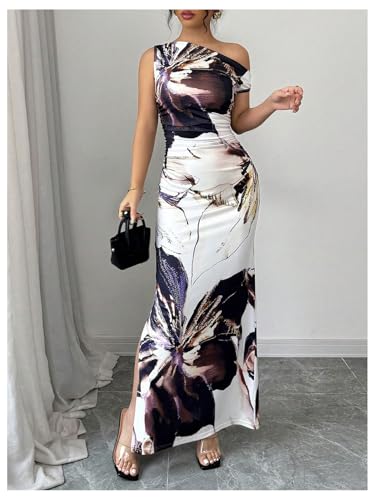 Image of GORGLITTER Women's Floral One Shoulder Sleeveless Bodycon Maxi Dress Ruched Split Backless Beach Vacation Dresses