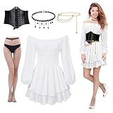 Vestido de Pirata, Disfraz de Pirata Mujer, Costume Victoriano Renacentista Medievales con Vestido Blanco con Volantes, Cinturones, Cadenas de Cintura, Collares y Medias para Carnaval Halloween