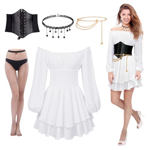 Piratenkostüm Damen, Renaissance Viktorianische Off Shoulder Weißes Kleid Piratmit mit Korsett, Strumpf, Taillenkette und Halskette,...