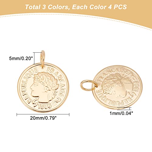 DICOSMETIC 12Pcs 3 Colors Stainless Steel Flat Round Coin Pendants Golden Republique Francaise 1808 Charms Large Hole Pendants for Necklace Bracelet Jewelry Making