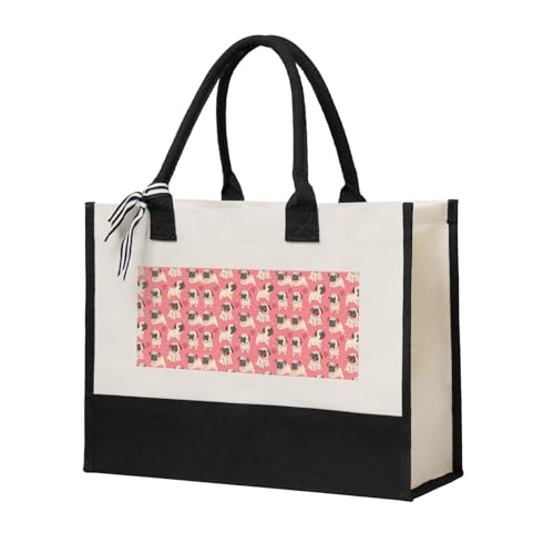 Sac fourre-tout carlin en toile beige réutilisable pour femme