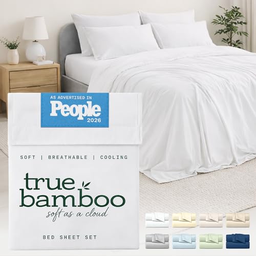 Image of TRUE BAMBOO Sheets Set Queen Size - Silky Soft Luxe 4 Piece Bed Sheets with Breathable & Moisture-Wicking Fabric - 16 inch Deep Pocket with Corner Straps