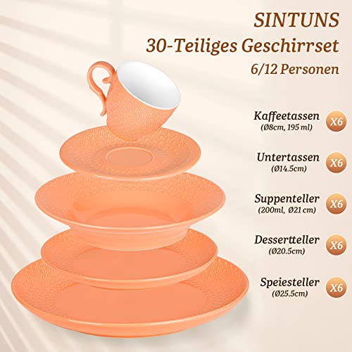 Foto von Geschirrset 6 Personen, 30-Teiliges Tafelservice, Orange porzellan geschirr teller set, SINTUNS Kombiservice mit Schneeflocken Prägung im Vintage Look, Am besten für Geschenke