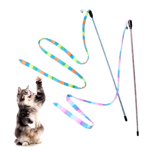 Hpmjz 3Pcs Interactive Cat Rainbow Wand Toys Interactive Cat Teaser Wand String Colorful Ribbon Teaser for Bored Indoor Cats and Kittens Training Extended Cats Teasers Plush Toy Strong Pole with Bell
