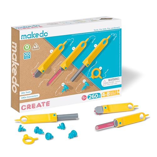 Makedo Create | Werkzeugkasten aus recycelter Pappe im kleinen Werkzeugkasten (260 Teile) | STEM- und STEAM-Lernspielzeug für Zuhause und Schule