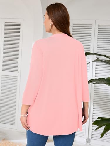 AusLook Women's Plus Size Lightweight Open Front Cardigan Pink 4X Causal 3/4 Sleeve Cover Ups Shrugs Tops Shawls and Wraps Kimono Jacket Coat — view 4