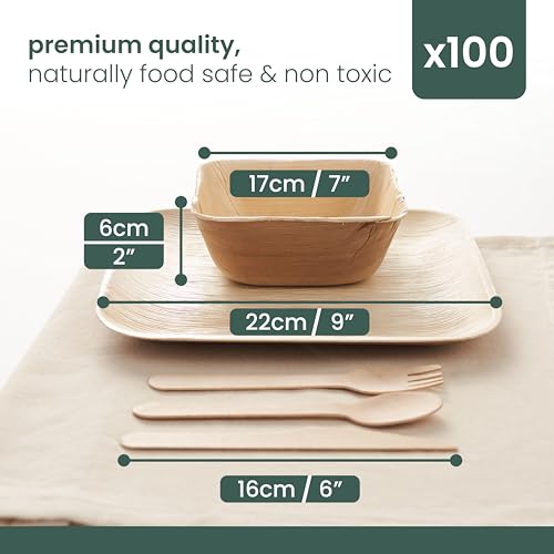 HAAGO 100 Pack Palm Leaf Plates Party Tableware for 20 Guests | 20 Square Plate 9" + 20 Bowls 16oz + 60 Wooden Bamboo Cutlery (Forks Spoons Knives) | Better than Disposable Bamboo Plates & Plastic