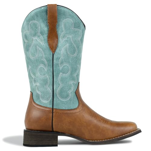 J's.o.l.e Square Toe Cowboy Boots for Women Cowgirl Fashion Two-toned Western Boots Mid Calf Brown4