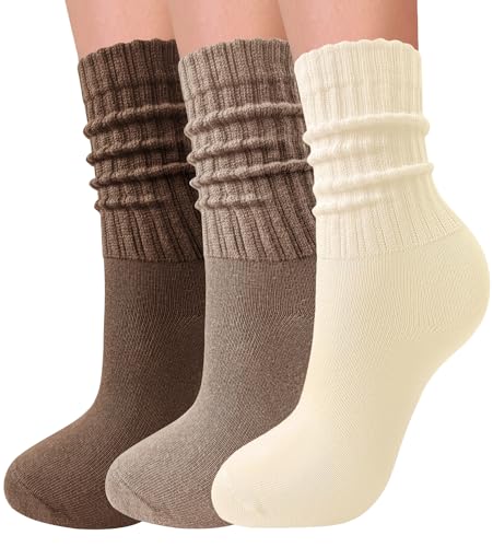 Image of 3 Pairs Slouch Socks for Women Soft Mid Calf Rib Scrunch Crew Tube Socks