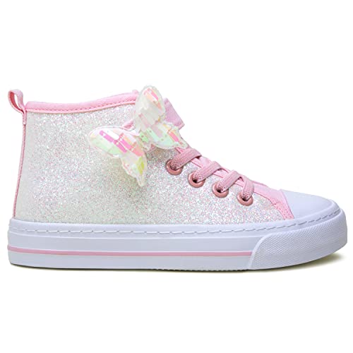 Toandon Toddler Girls Kids Sneakers Glitter Canvas Shoes Sparkle High Top Child Adjustable Hook Loop Straps Velcro Non Slip Lightweight Walking Outdoor Sequins Pink White Size 11