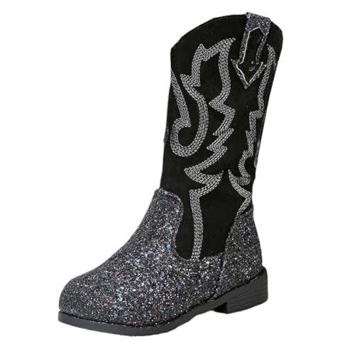 Girls Winter Glitter Sequin Cowboy Cowgirl Western Boots Warm Fur Mid Calf Riding Shoes
