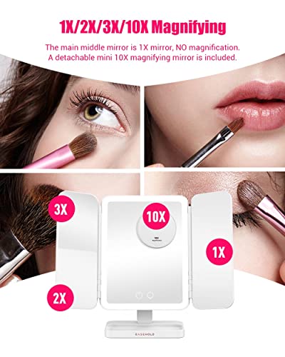 Easehold Makeup Mirrors Vanity Mirror With 72 Lights, 3500 Mah Lighted Makeup Mirrors 3 Color Light, 2X/3X/10X Magnification Led Makeup Mirror With 4 Makeup Brushes, Women Gift Trifold Makeup Mirror #TOP7