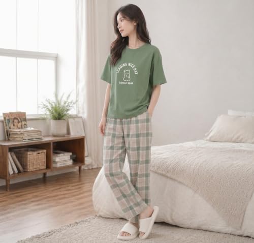 Image of Women's Korean Style Looper Fabric Nightsuit Set | Cute Print Half Sleeve T-Shirt & Pajama Set | Soft Comfortable Nightwear & Loungewear for Women