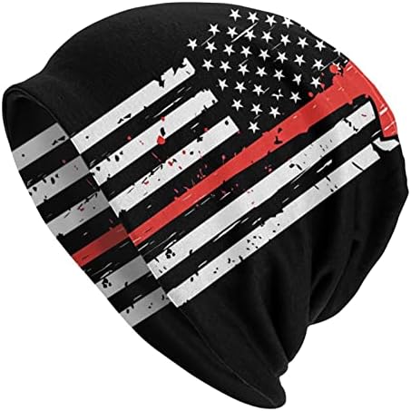 Thin Red Line Flag Firefighters Memorial American Flag Beanie Hat for Men/Women Slouchy Beanie Ski Skull Cap Winter Thin Stretch Acrylic Knit Hat