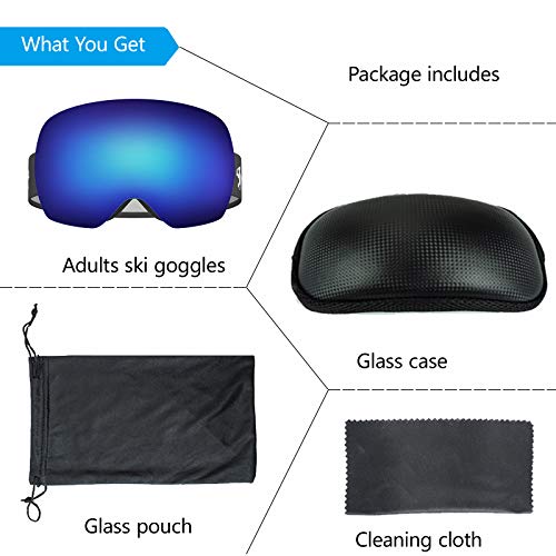 Ski Goggles for Men Adult Women, OTG Snowboard Goggles with 220º Spherical Anti-Fog Lens, S2/S3 Snow Goggles 100% UV400 Protection Breathable Durable Flexible for Skiing Snowboarding