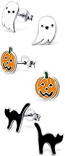 ICYROSE 925 Sterling Silver NEW Set of 3 Pairs Halloween Ghost Black Cat and Jack Pumpkin Stud Earrings (Nickel Free)