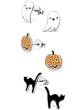 ICYROSE 925 Sterling Silver NEW Set of 3 Pairs Halloween Ghost Black Cat and Jack Pumpkin Stud Earri