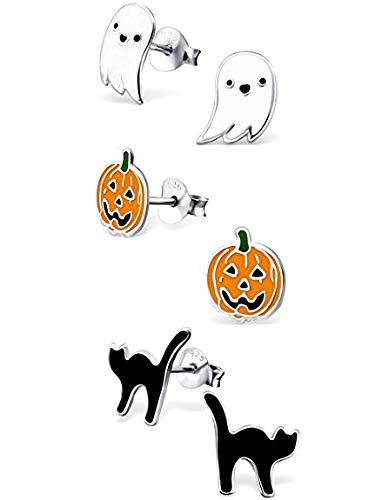 Icyrose 925 Sterling Silver New Set Of 3 Pairs Halloween Ghost Black Cat And Jack Pumpkin Stud Earrings (Nickel Free) #TOP2