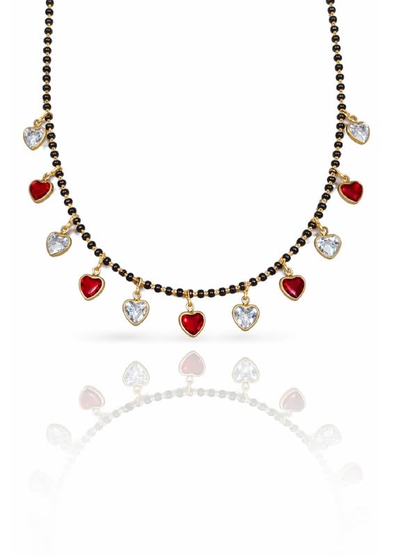 Gold Necklace with Red and Clear Heart Charms, Black Beaded Chain, Imitation Jewelry for Women-image-8