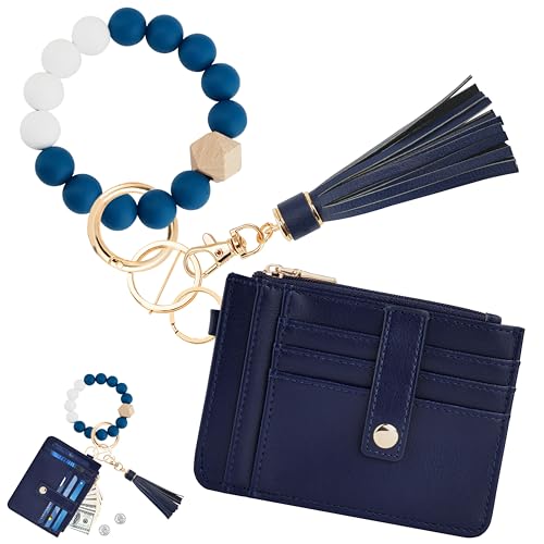 Image of KNGITRYI Wristlet Wallet for Women,RFID Keychain Wallet with Beaded Strap | 8 Card Slots,ID Window,Zipper Pocket,Leather Tassel,Compact Design
