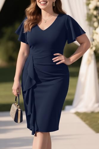 Image of Pinup Fashion Plus Cocktail Wedding Guest Church Work Bodycon Knee Dress | Knit fabric, v-neck, short ruffle sleeves, ruched design, pencil silhouette, knee length, wedding guest, church, cocktail