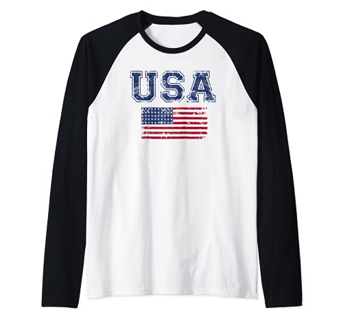 Trendy USA & Flag Very Distressed Raglan Baseball Tee, Black