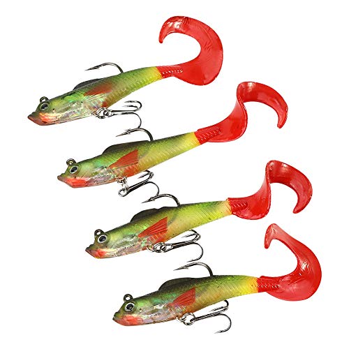 Juego de señuelos de Pesca, señuelos de Pesca con Cola en T, 4 unids/Set, señuelos de pez con Cola en T, Cebo Artificial para Lucio de Agua Dulce de Agua Salada
