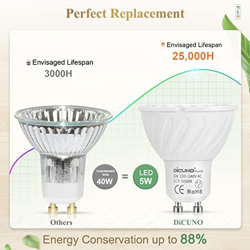 DiCUNO ProOE GU10 LED Bulb, CRI>98, 5W 400LM Spotlight, Daylight White 5000K, AC 100-240V, Equivalent for 50W Halogen Lamp, Not Dimmable, 60° Beam Angle, 6 Packs